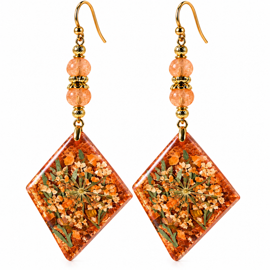 Dried Flower Resin Dangle Earrings – Antique Gold, 14K Gold Plated Hooks
