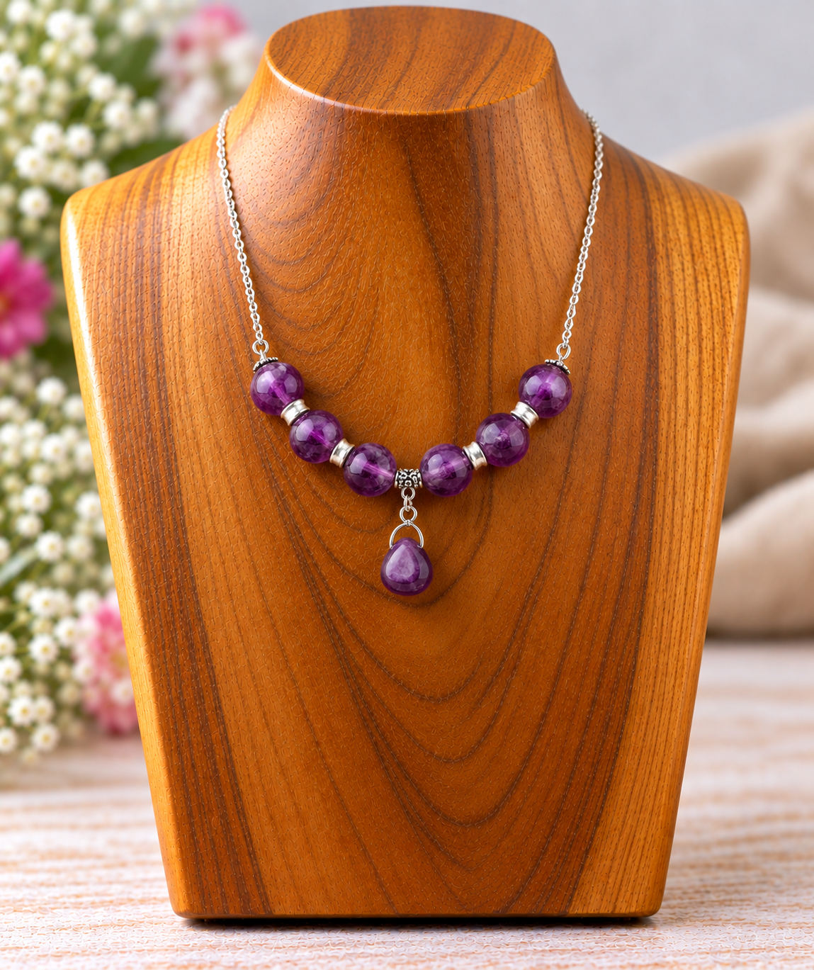 A silver-tone beaded necklace with purple gemstone beads and a teardrop pendant, displayed on a wooden jewelry bust.