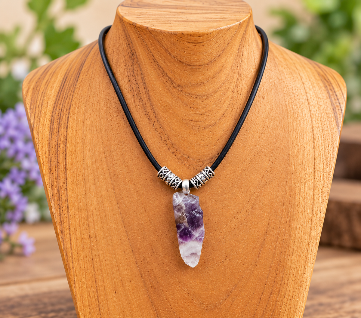A black cord necklace with silver spacer beads and a raw amethyst crystal pendant, displayed on a wooden mannequin bust.