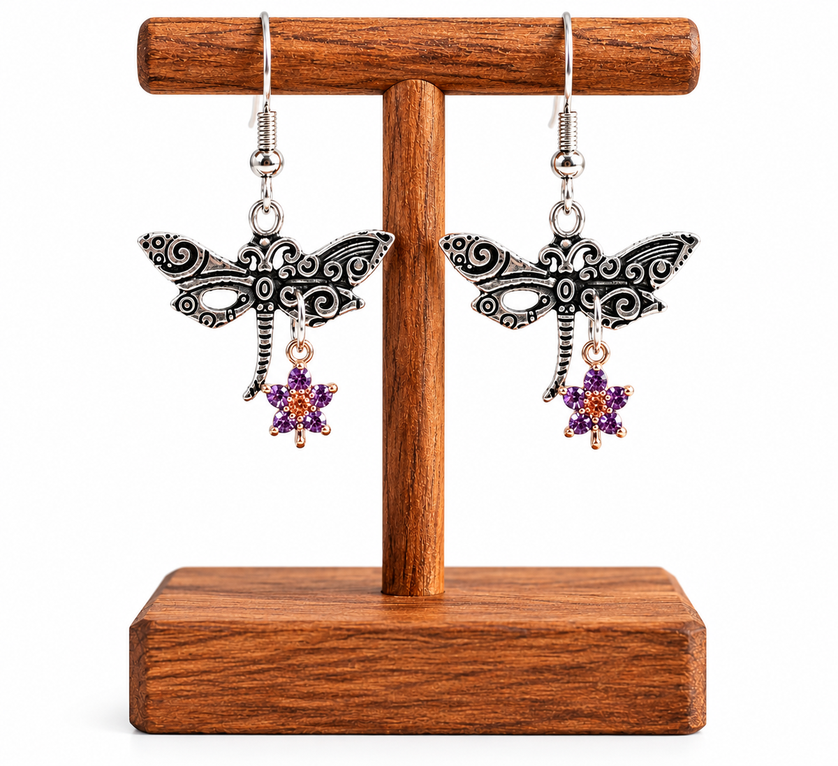 Silver Dragonfly Earrings - Purple Flowers Petite | 1.5 Inches