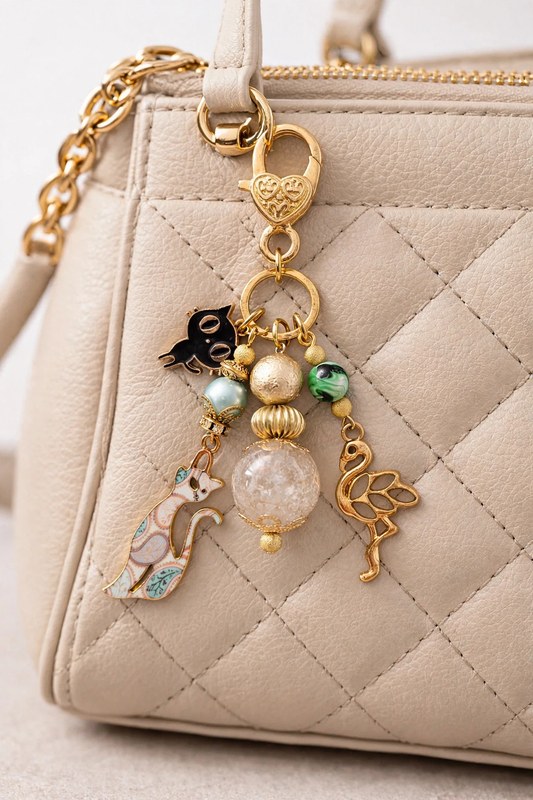 Antique gold animal purse charms with flamingo, cat, and colorful bead dangles displayed on a cream quilted handbag
