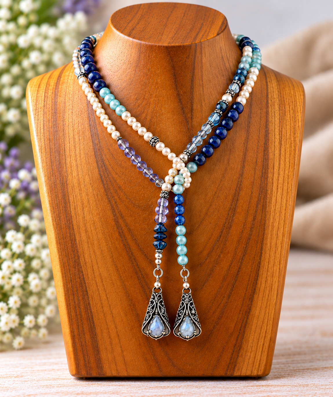 A multi-strand beaded necklace displayed on a wooden jewelry bust. The necklace features cream pearls, deep blue beads, light aqua beads, and purple faceted beads, with two ornate silver-toned teardrop pendants hanging at the center.