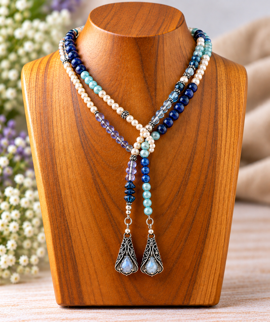 A multi-strand beaded necklace displayed on a wooden jewelry bust. The necklace features cream pearls, deep blue beads, light aqua beads, and purple faceted beads, with two ornate silver-toned teardrop pendants hanging at the center.