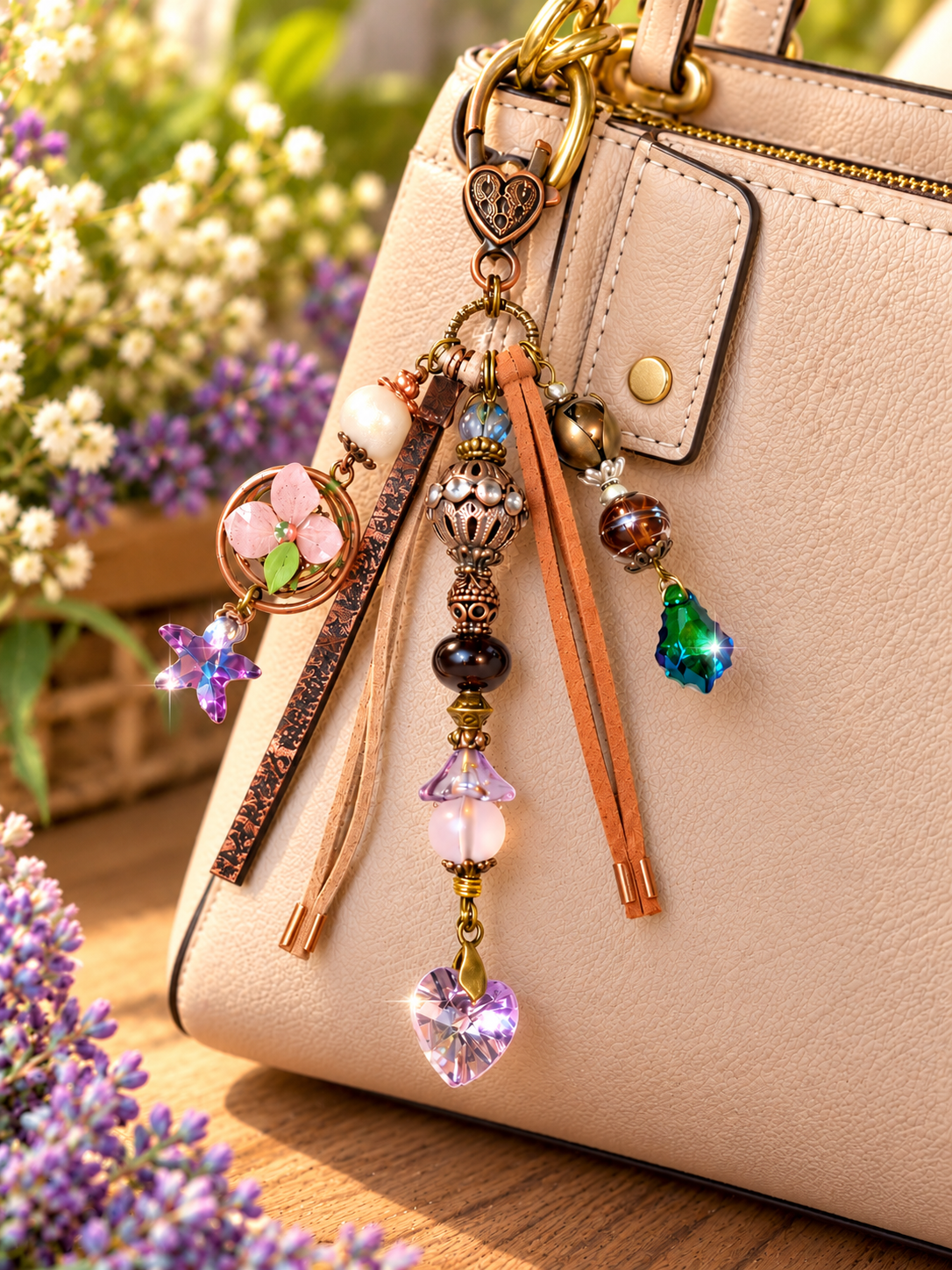 A beige handbag with a decorative multicolor charm keychain featuring beads, leather tassels, and crystal accents, styled with flowers in a soft-focus outdoor setting.