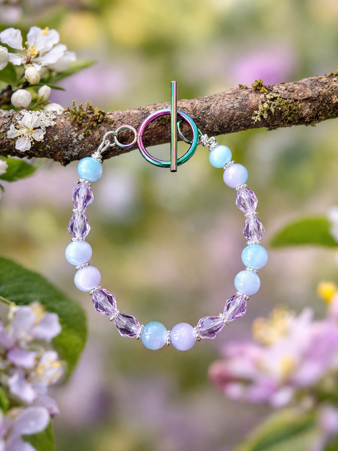 Pastel Cat Eye Bracelet – Ion-Plated Toggle Clasp & Crystal Beads