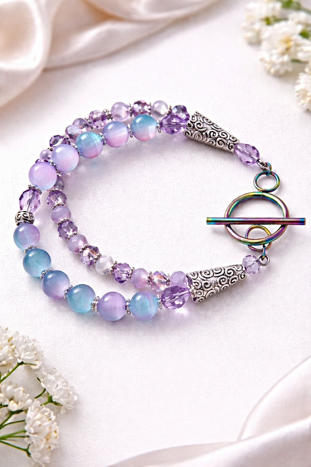 Pastel Cat Eye & Lavender Crystal Bracelet with Ion-Plated Toggle Clasp