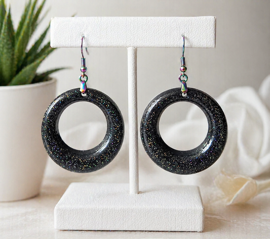 Black Resin Hoop Earrings – Rainbow Ion Plated French Hooks