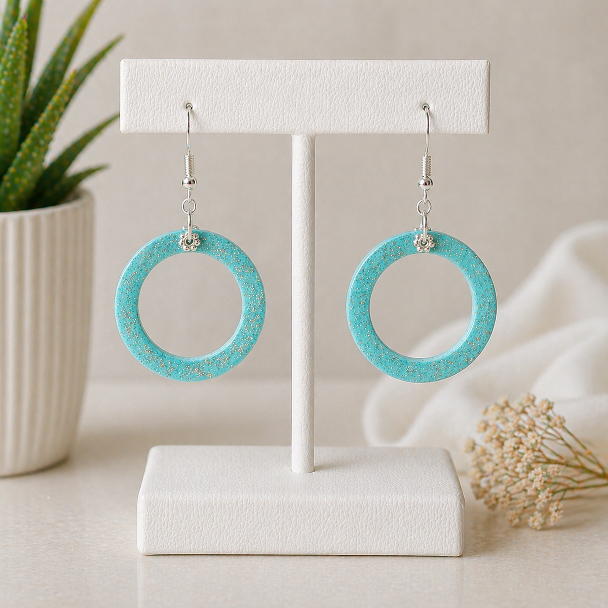 Turquoise Iridescent Resin Hoop Earrings – Silver-Plated Daisy French Hooks