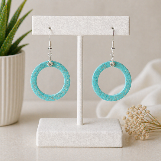 Turquoise Iridescent Resin Hoop Earrings – Silver-Plated Daisy French Hooks