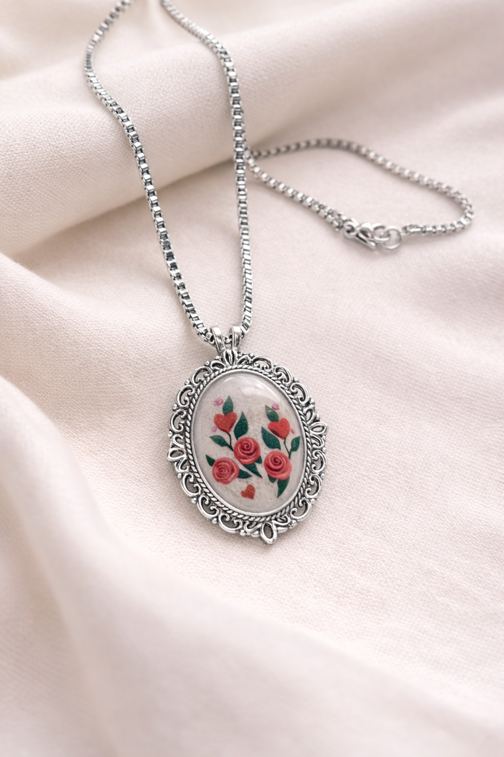 Handcrafted Resin Flower Pendant Necklace – 23" Titanium Chain