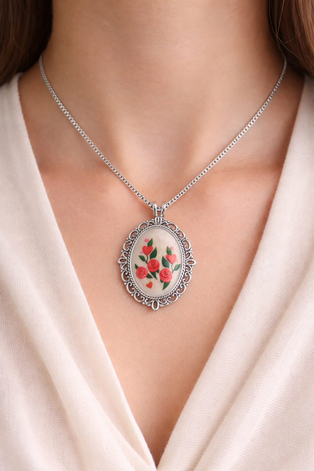Handcrafted Resin Flower Pendant Necklace – 23" Titanium Chain