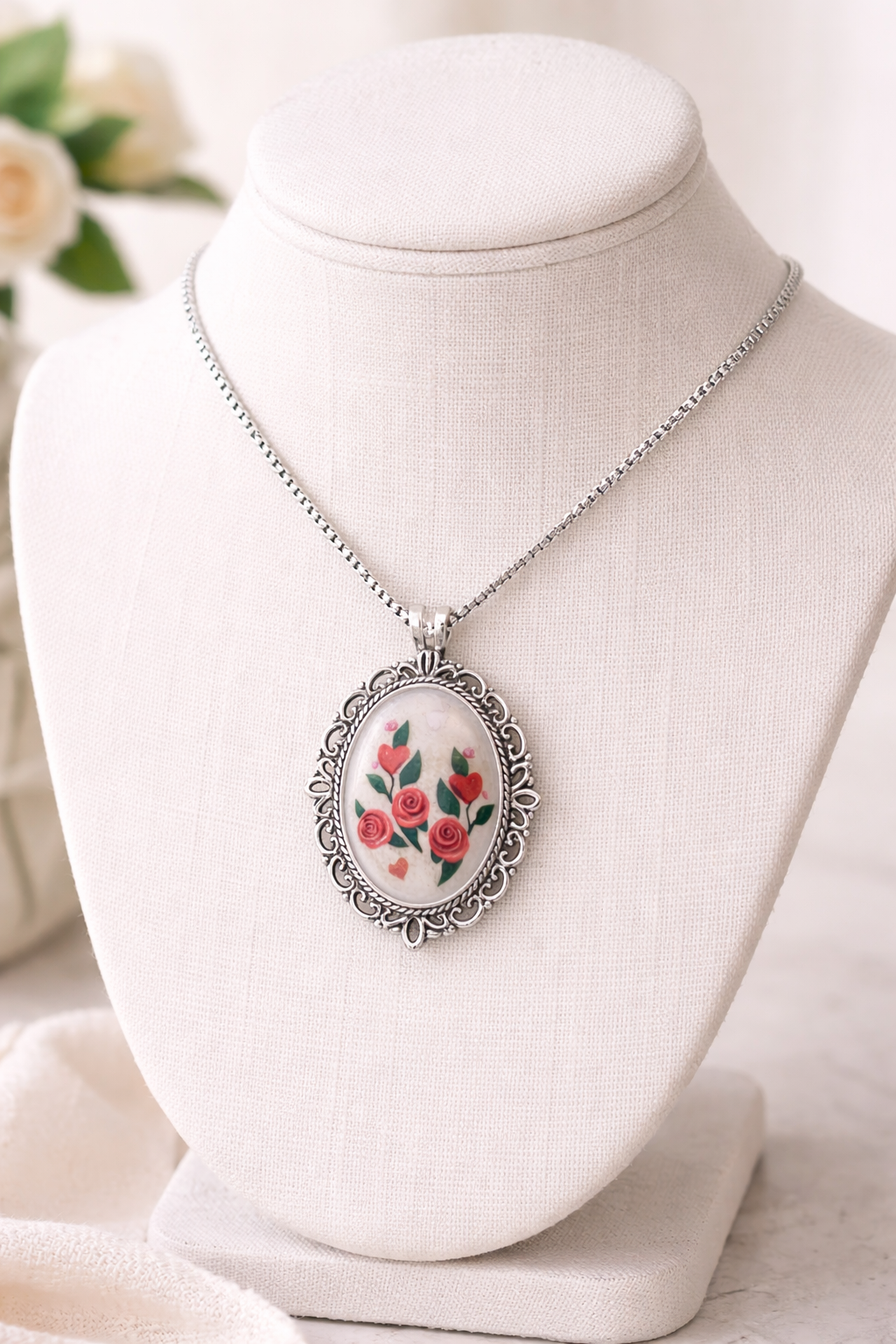 Handcrafted Resin Flower Pendant Necklace – 23" Titanium Chain