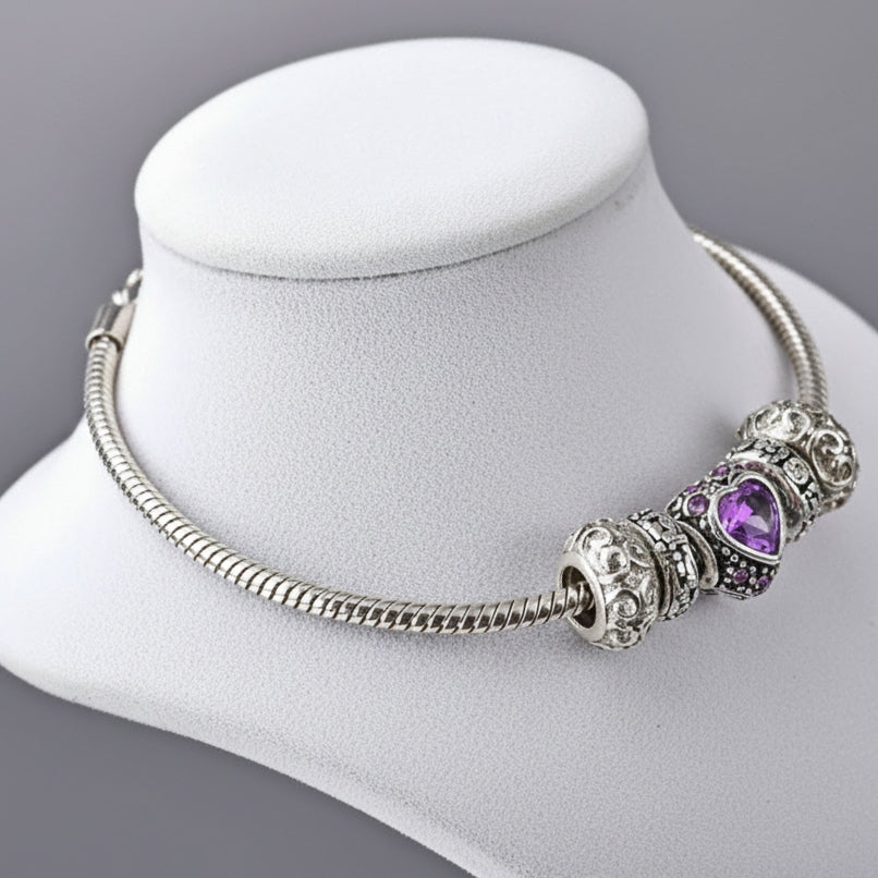 Royal Heart Glow Purple Heart Charm Bracelet - Silver European Beads