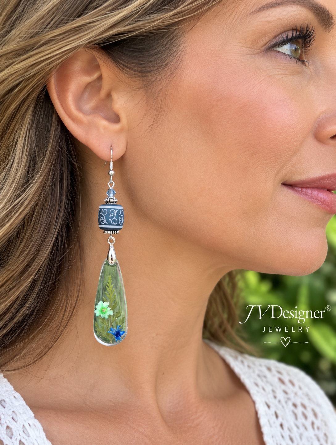 Blue Boho Dried Flower Resin Teardrop Earrings – Hypoallergenic, 3.75 in