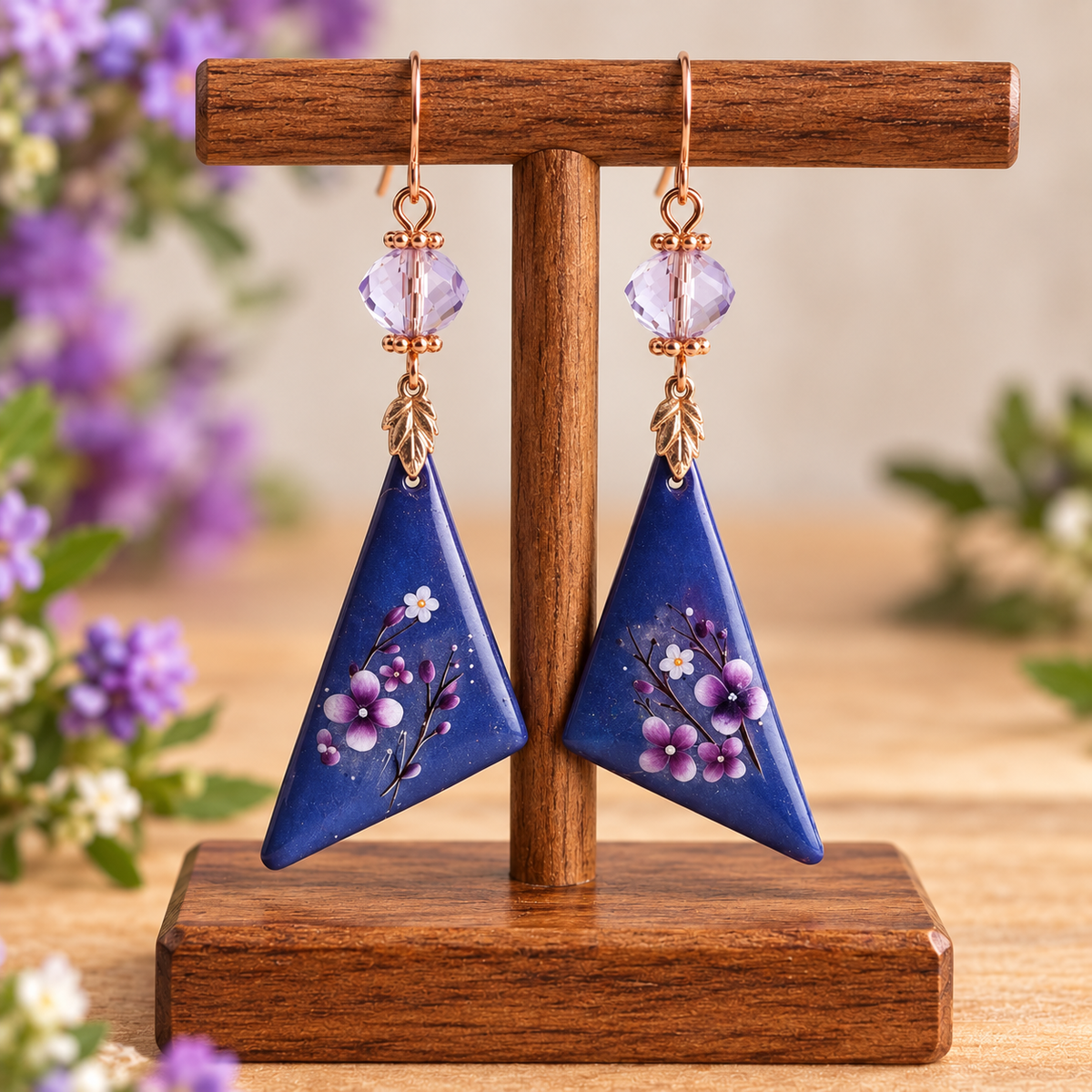 Handmade triangular purple floral resincrete dangle earrings with rose gold hooks and glass beads