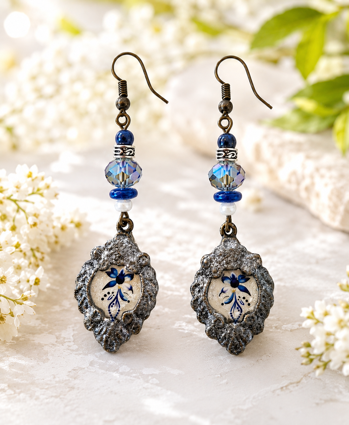 Blue Floral Dangle Earrings - Vintage Silver Frame Resin Earrings with Blue Crystal Glass Beads | Handmade Lightweight Dangle Earrings | JVDesigner Jewelry