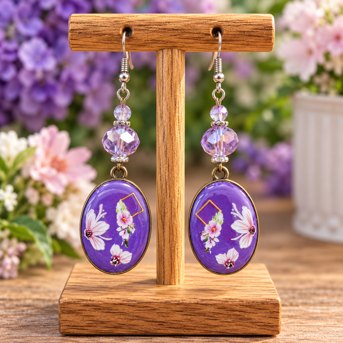 A pair of dangling earrings displayed on a wooden stand, featuring oval purple enamel pendants with white and pink floral designs, hanging from faceted purple beads on a wooden stand against a blurred background of purple and pink flowers.