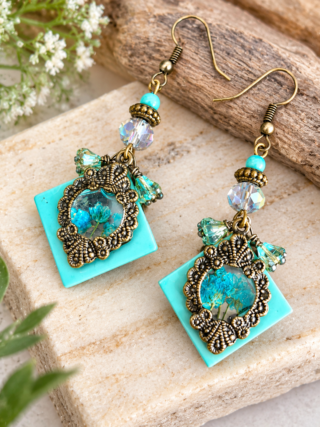 Antique Bronze Square Resin Earrings | Dried Flower | Czech Flower & Faceted Glass Beads | 2.5" | JVDesigner
