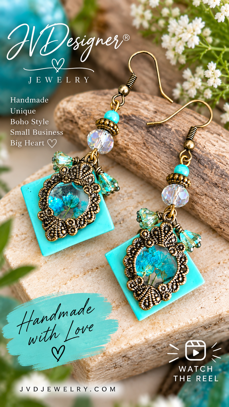 Antique Bronze Square Resin Earrings | Dried Flower | Czech Flower & Faceted Glass Beads | 2.5" | JVDesigner