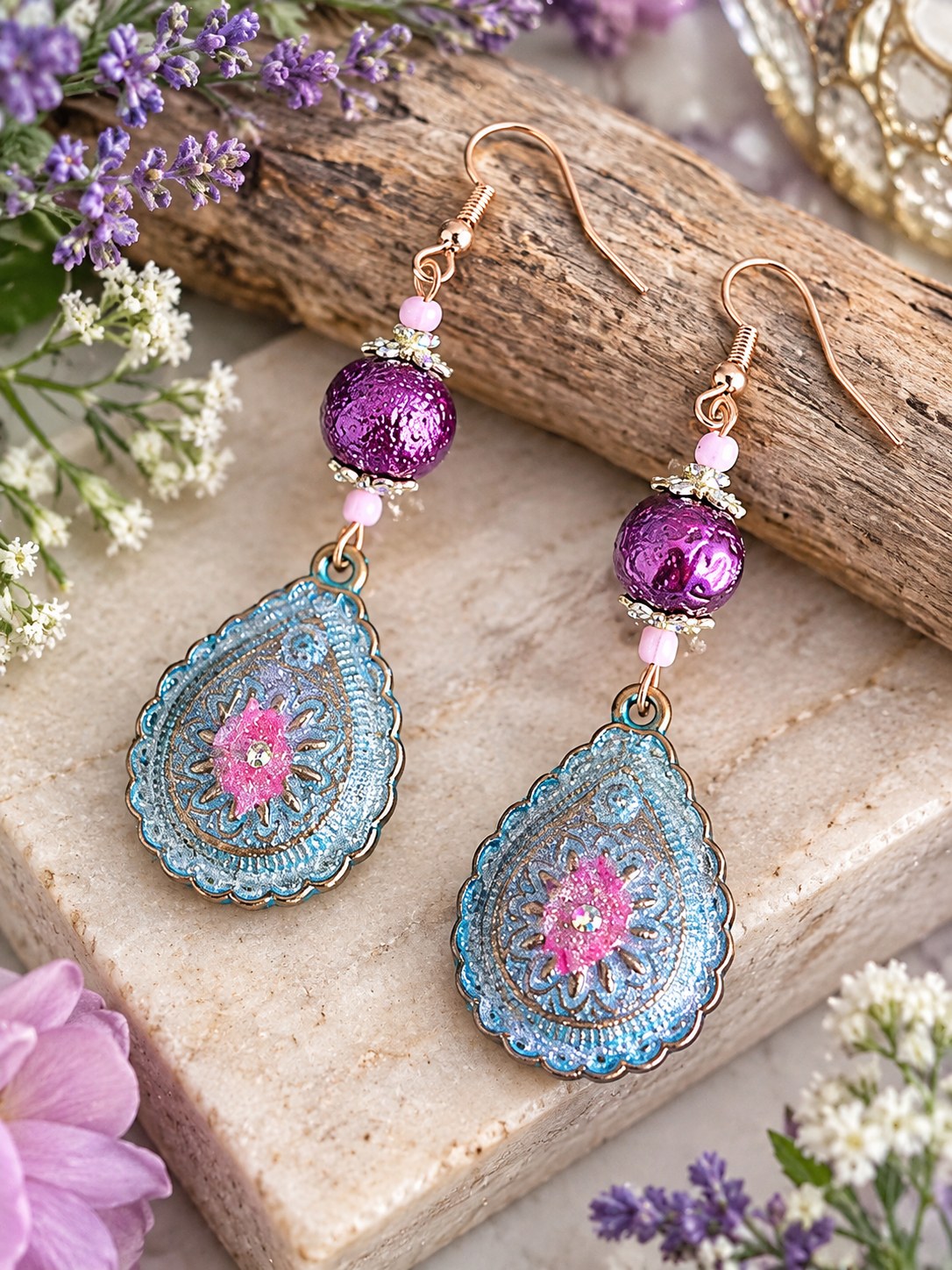 Purple and turquoise teardrop earrings with filigree and pink crystals on stone
