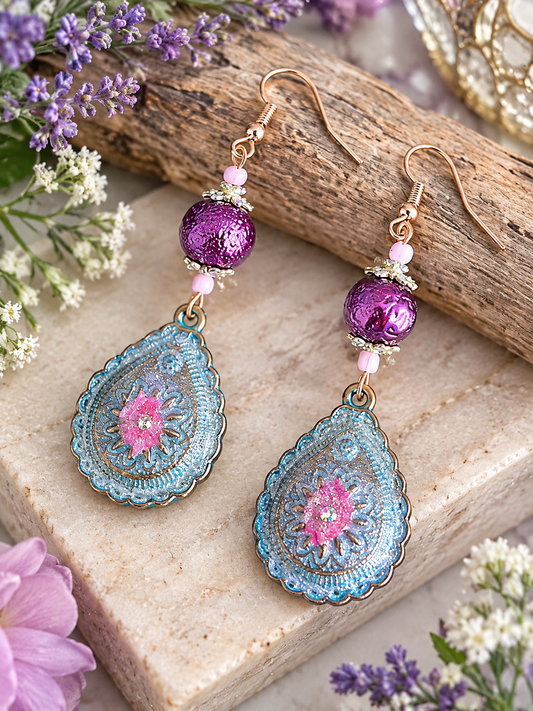 Handmade Purple & Turquoise Teardrop Earrings | Boho Floral | Gold Fishhook | 2.5" | JVDesigner
