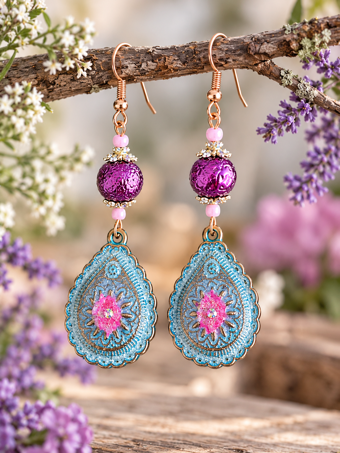 Handmade Purple & Turquoise Teardrop Earrings | Boho Floral | Gold Fishhook | 2.5" | JVDesigner