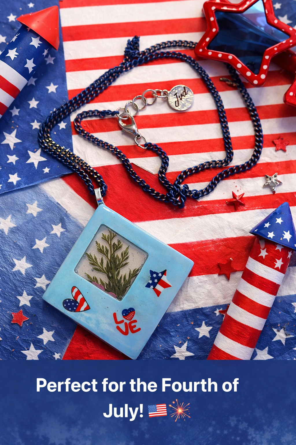 Handcrafted Resin 4th of July Pendant Necklace – 24" Blue Chain