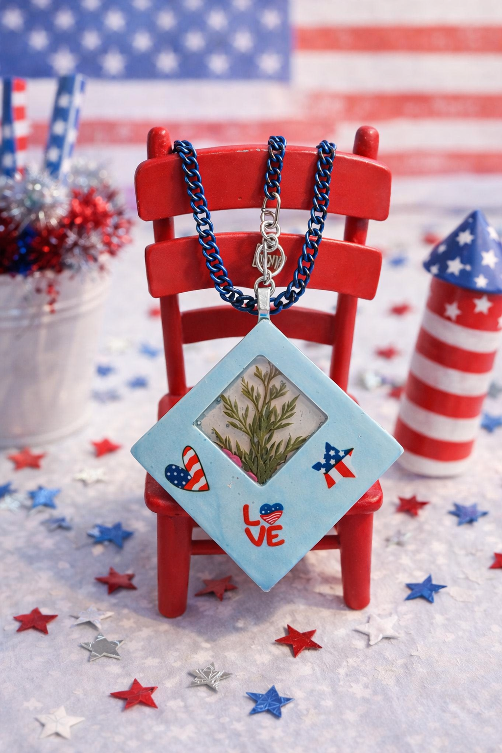 Handcrafted Resin 4th of July Pendant Necklace – 24" Blue Chain
