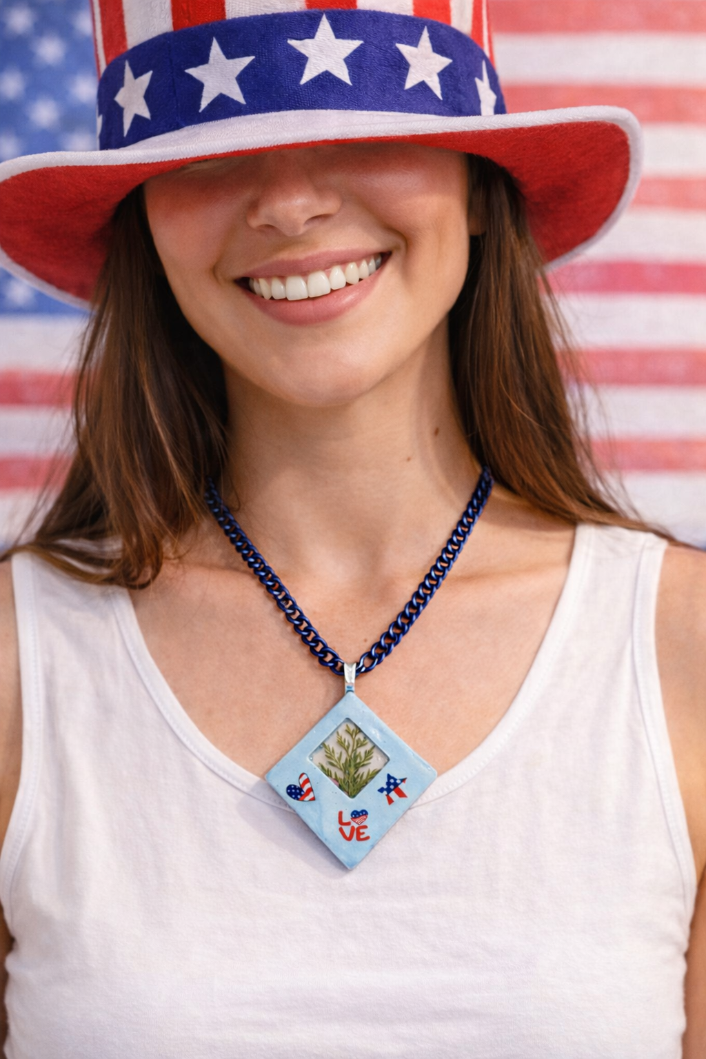 Handcrafted Resin 4th of July Pendant Necklace – 24" Blue Chain