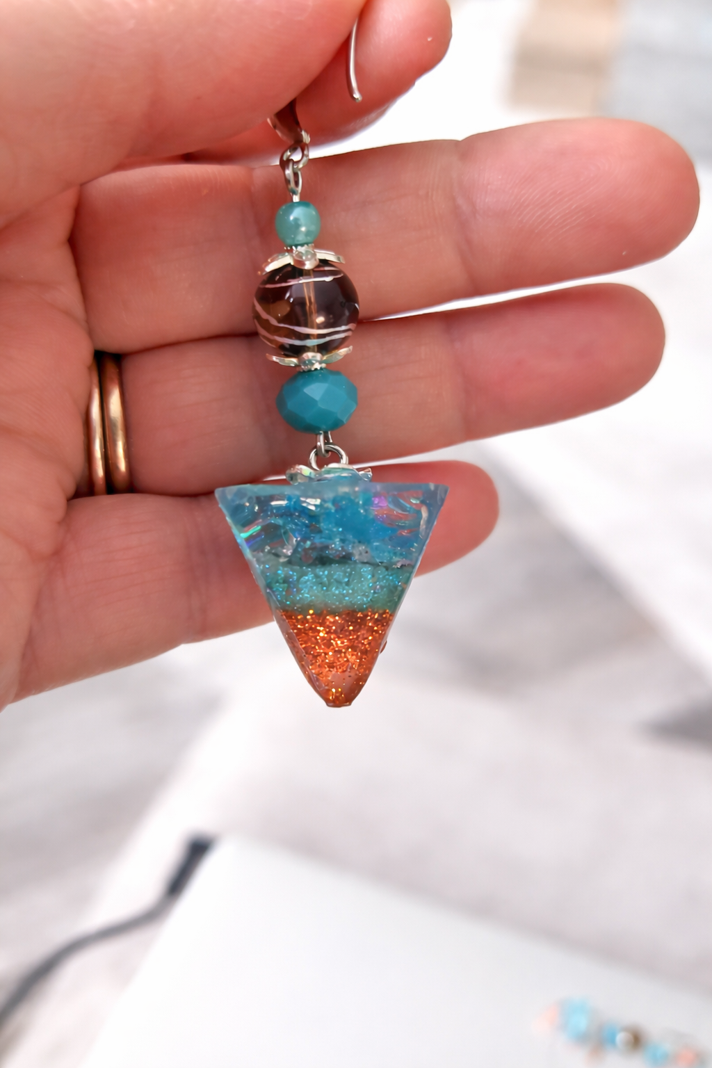 Aqua Flame Geometric Earrings - Handcrafted Resin & Glass Beads