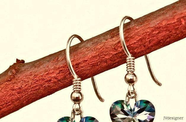 Heart Iridescent Crystal Earrings - Pink Blue Silver Plated Dangle Earrings for Women