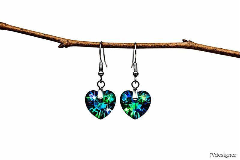 Heart Iridescent Crystal Earrings - Peacock Blue Silver stainless steel Dangle Earrings for Women (Copy)