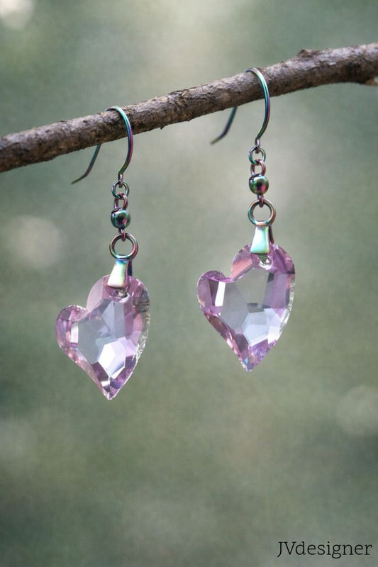 Pink Crystal Heart Earrings - Statement Jewelry with Rainbow Metal Hooks