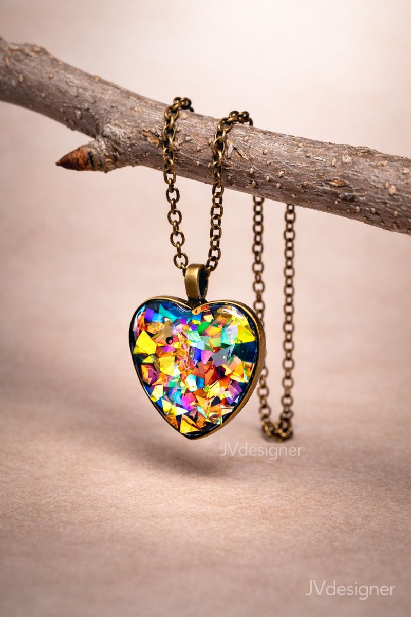 Handcrafted Resin Heart Pendant Necklace - Iridescent Yellow & Blue-Green Bronze Chain 20"