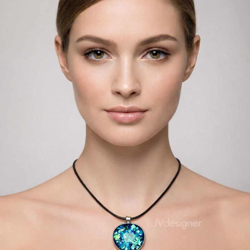 Peacock Glass Resin Pendant Necklace 20 Inch - Silver Bezel Black Cord Handmade