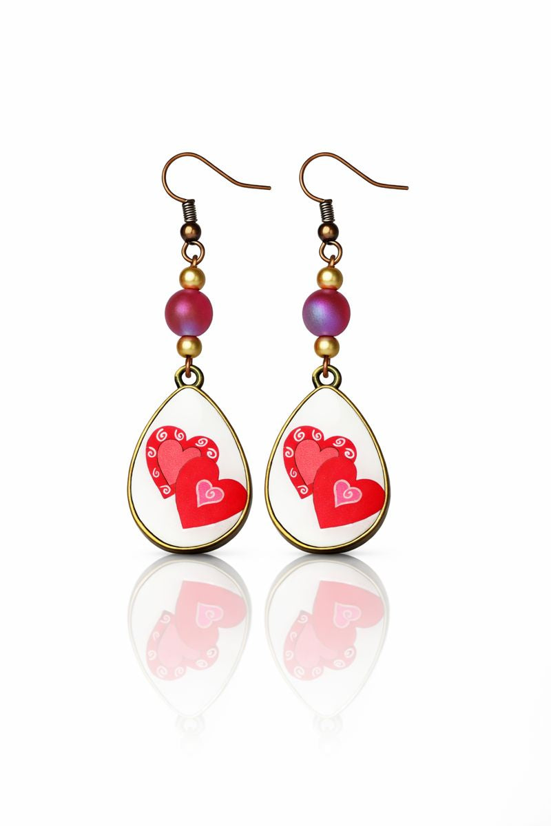 Antique Bronze Heart Earrings - Handcrafted with Glass Beads