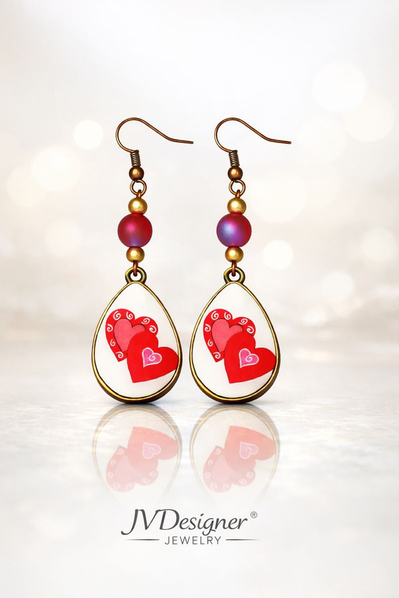 Antique Bronze Heart Earrings - Handcrafted with Glass Beads