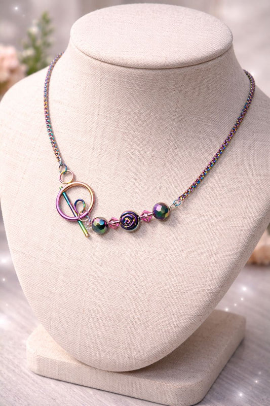 Rainbow Stainless Steel Necklace with Preciosa Purple Amethyst Crystals - Ion Plated 22 Inch Chain