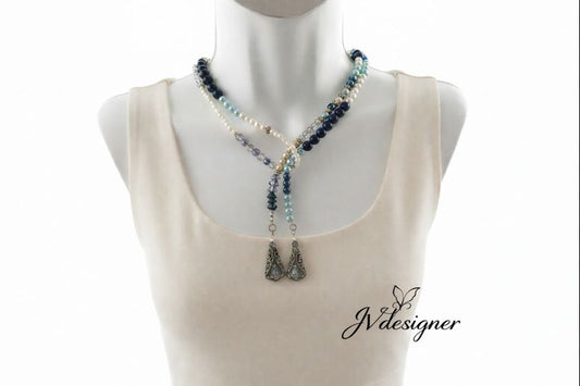 Long Beaded Necklace 46 Inch - Blue White Glass Crystal Silver Handmade | JVDesigner