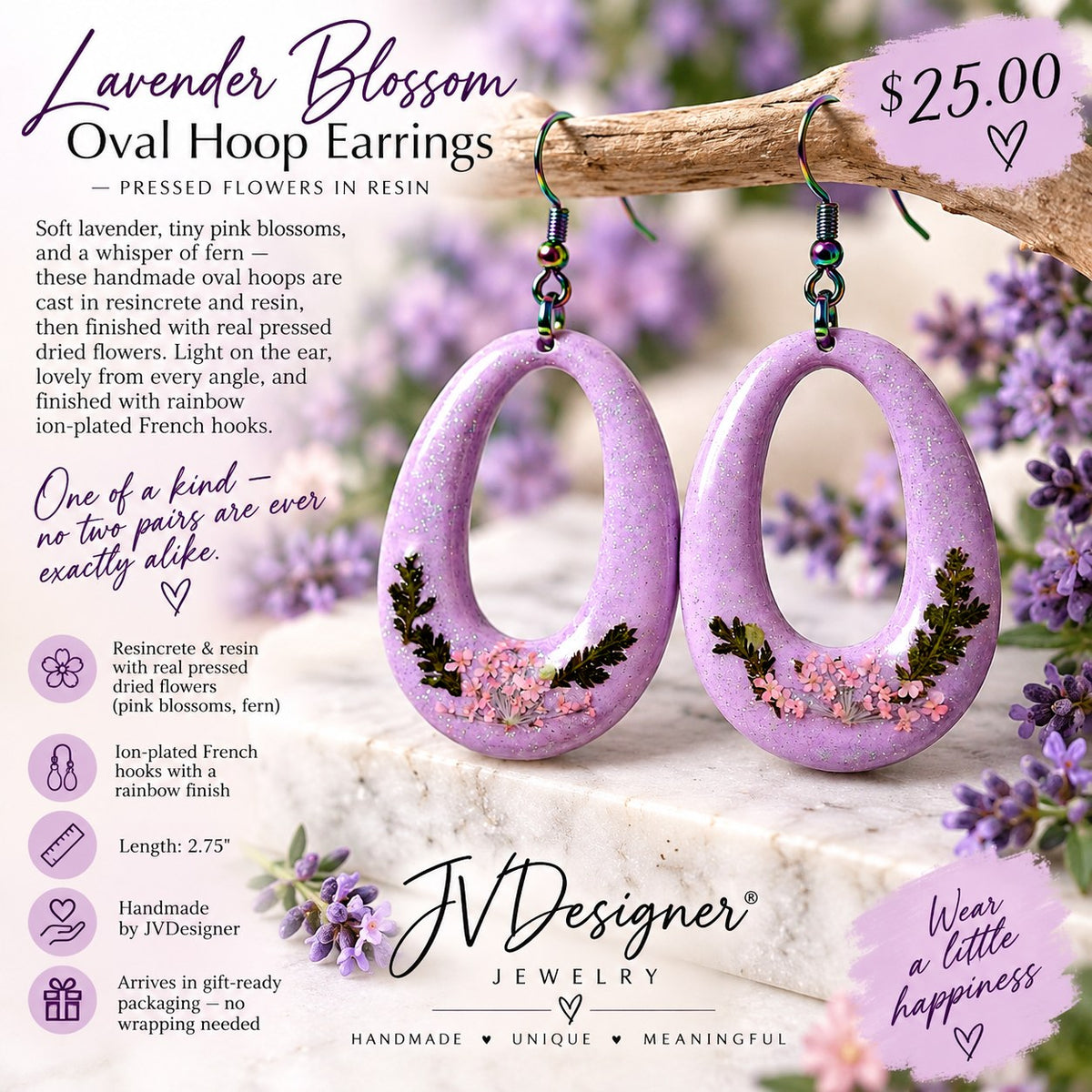 Lavender oval hoop earrings with real pressed pink flowers and fern in resin, handmade by JVDesigner