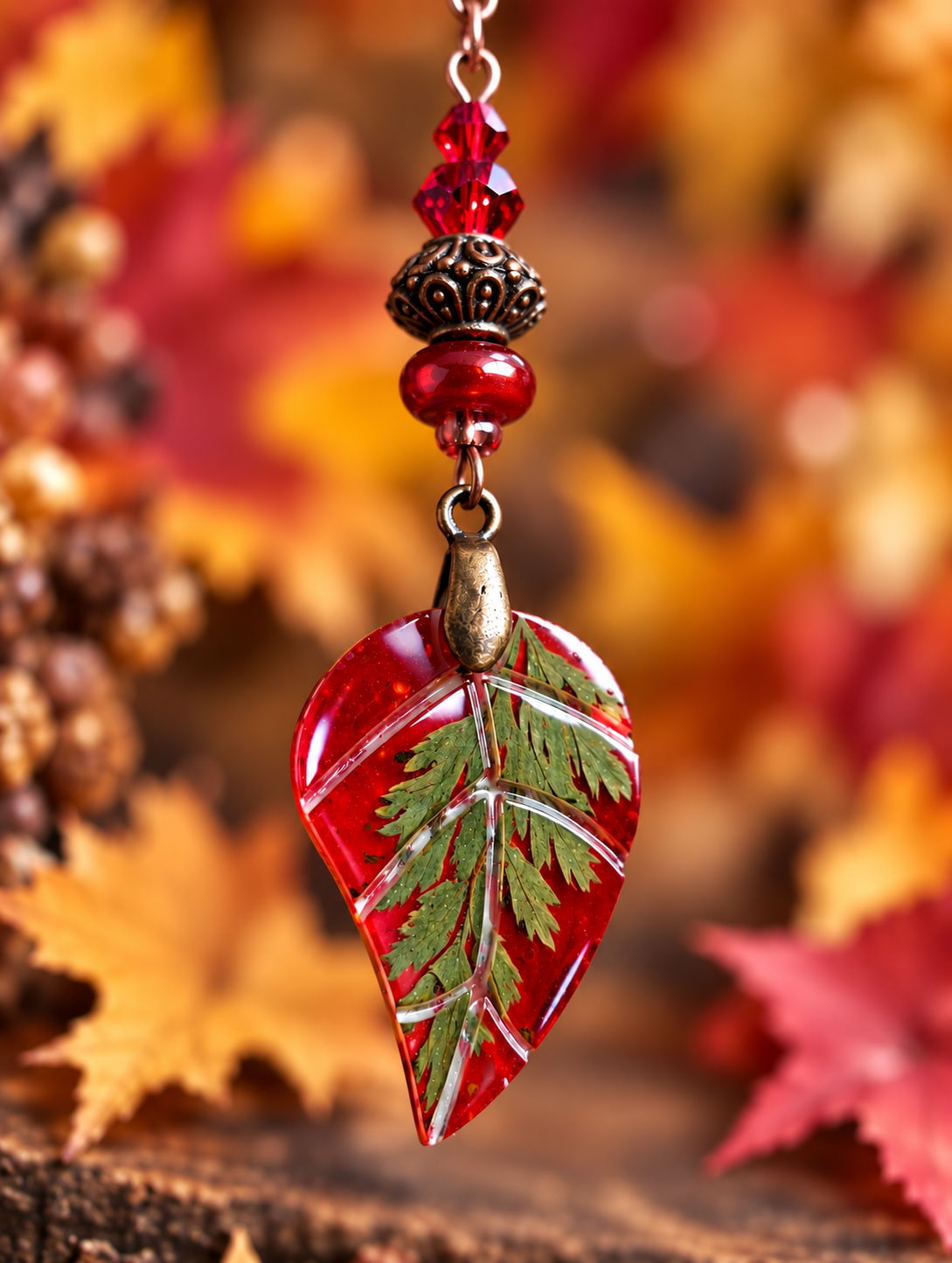 A red glass leaf pendant necklace with an inlaid green leaf design, hanging against a blurred autumn leaf background.