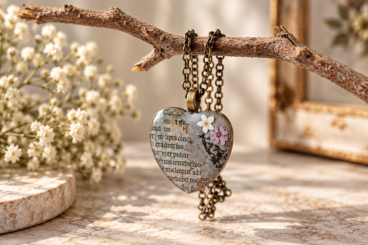 A heart-shaped pendant necklace with antique bronze chains and a heart-shaped glass cabochon featuring vintage book text, a small white flower, and pink blossoms, hanging from a rustic branch on a stone surface.