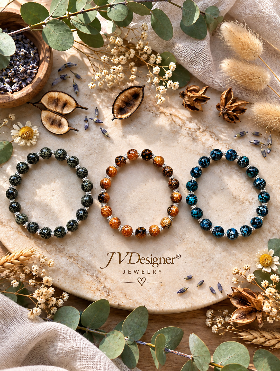 Marbled Stretch Bracelet Trio – Dark Green, Amber Bronze & Turquoise Blue Beaded Bracelets, Handmade Stacking Set