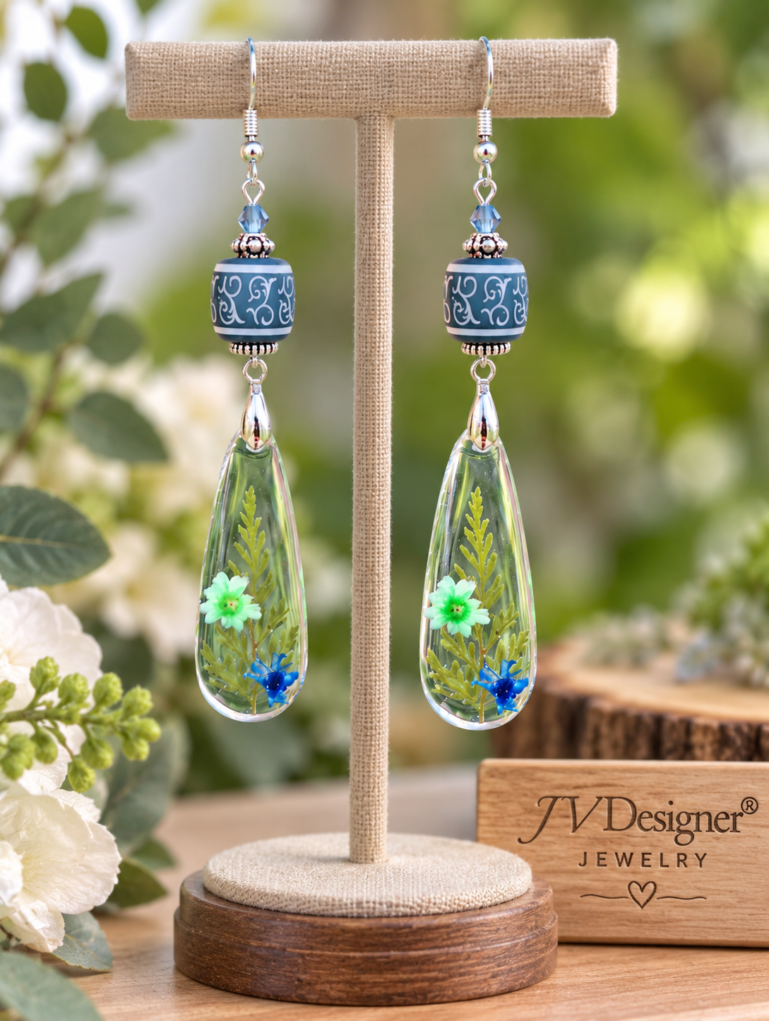 Blue Boho Dried Flower Resin Teardrop Earrings – Hypoallergenic, 3.75 in