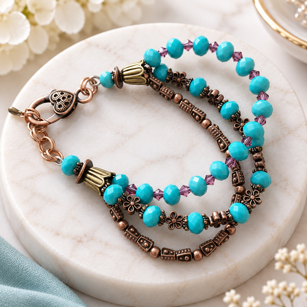 A bohemian-style beaded necklace with turquoise blue beads, antique bronze metal beads, and small purple crystal accents, displayed on a white marble tray.