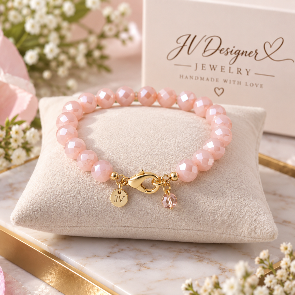 Handmade pink Austrian crystal beaded bracelet with gold-plated lobster clasp and JV signature tag on a jewelry cushion