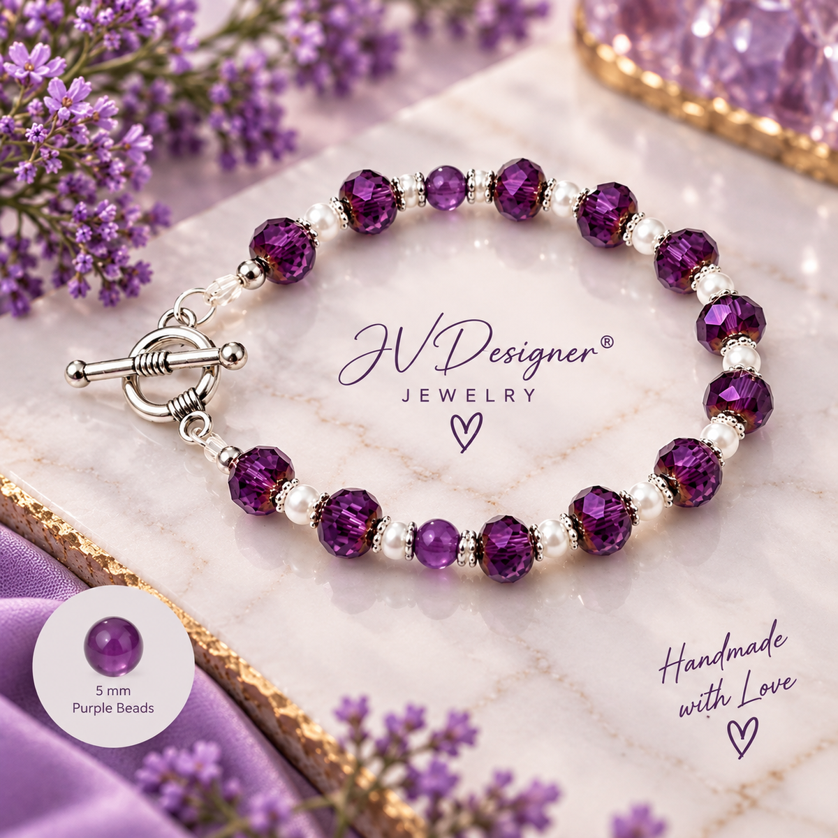 Purple crystal stretch bracelet with silver daisy accents