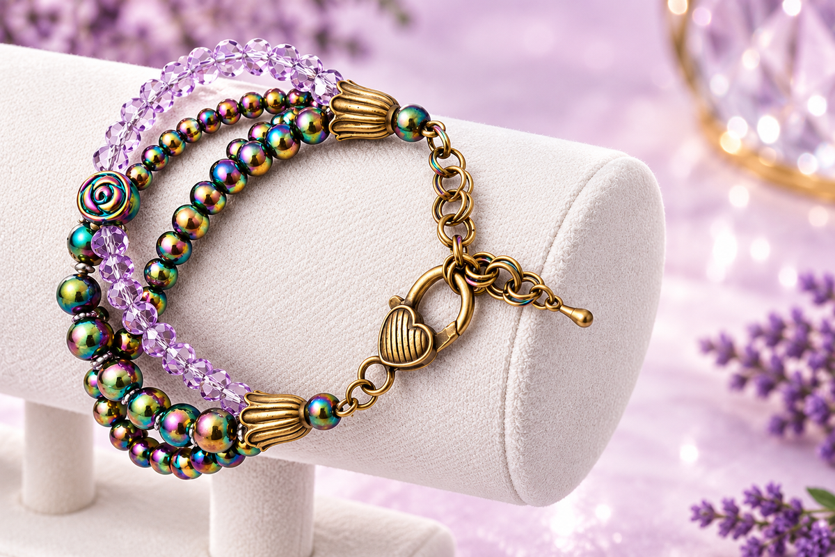Rainbow Hematite & Lavender Crystal Bracelet (photo 3)