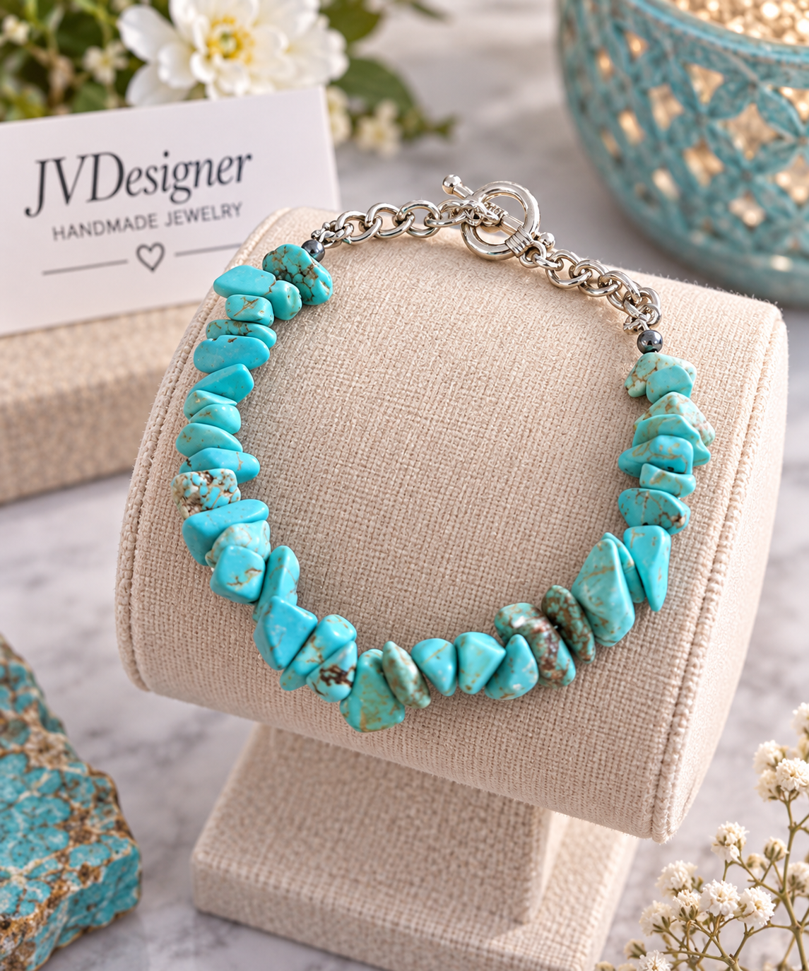 A turquoise chip bead bracelet with a silver chain clasp, displayed on a beige fabric jewelry stand. A card reading 'JVDesigner Handmade Jewelry' is visible in the background along with decorative flowers and a turquoise stone.