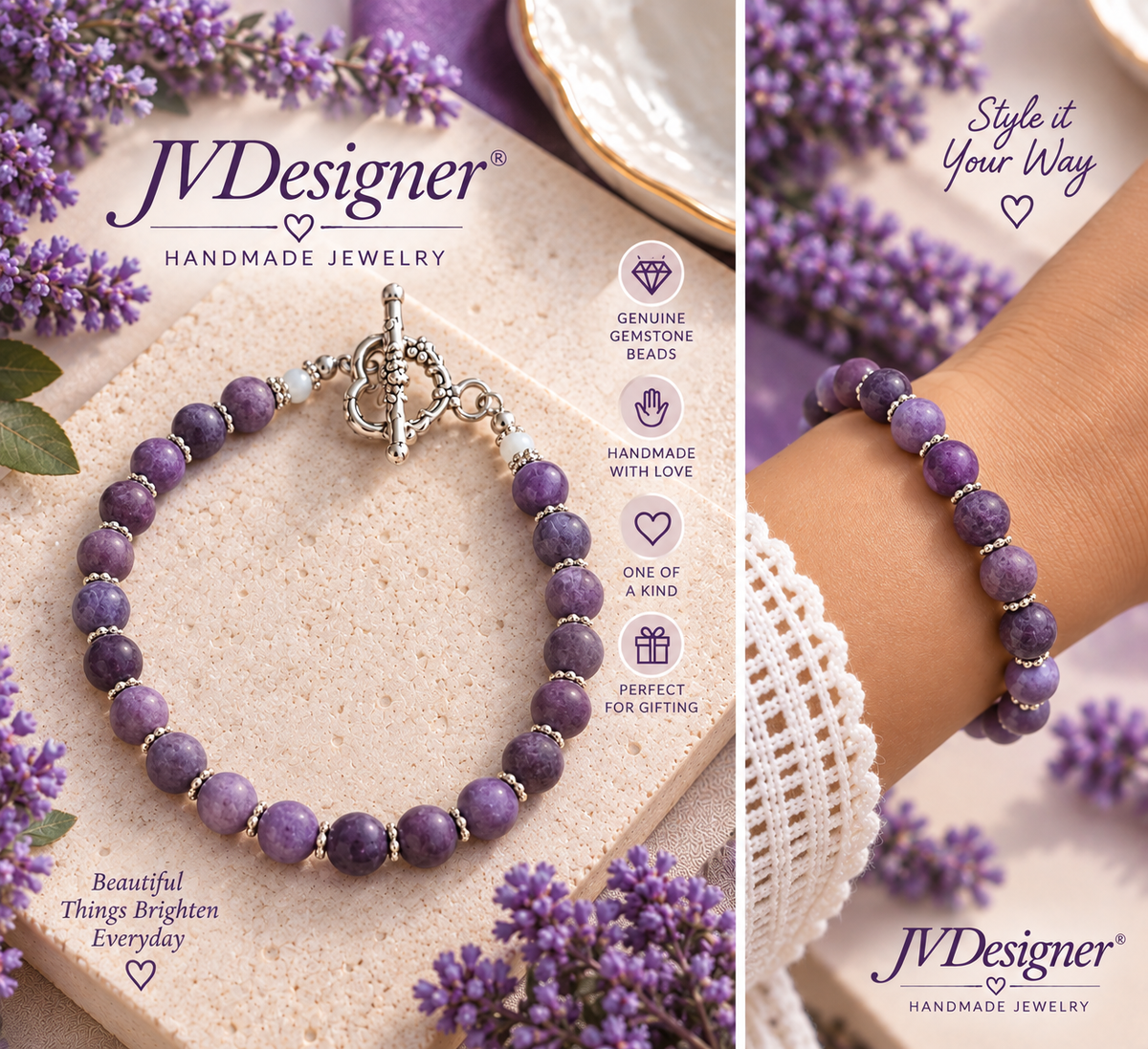 Purple round gemstone bead bracelet with silver spacer beads and a silver clasp, shown on a textured beige surface with lavender flowers, alongside a close-up of the bracelet worn on a wrist.